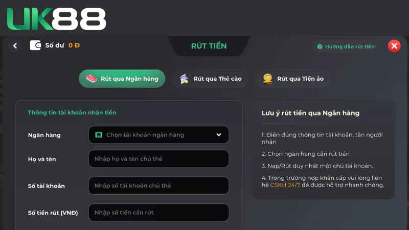 Nhập thông tin để thực hiện rút tiền tại UK88